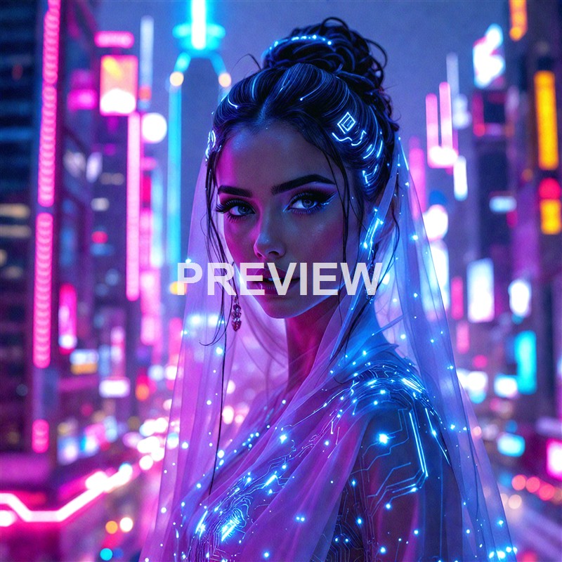 A futuristic woman with glowing blue LED lights in her hair and a translucent veil, standing against a vibrant, neon-lit cityscape at night.